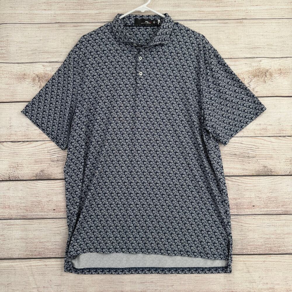 Ralph Lauren RLX Motorcycle Print Performance Polo Shirt‎ Mens L Blue White